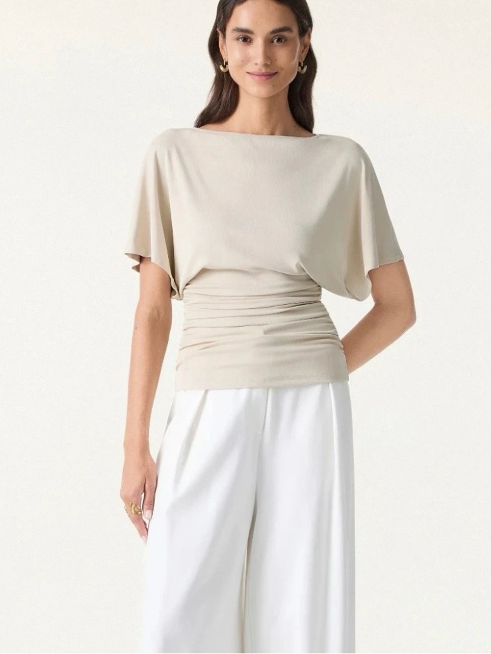 OGL Effortless Boatneck Batwing Sleeve Side Ruched Top,Morning Mist, NWT